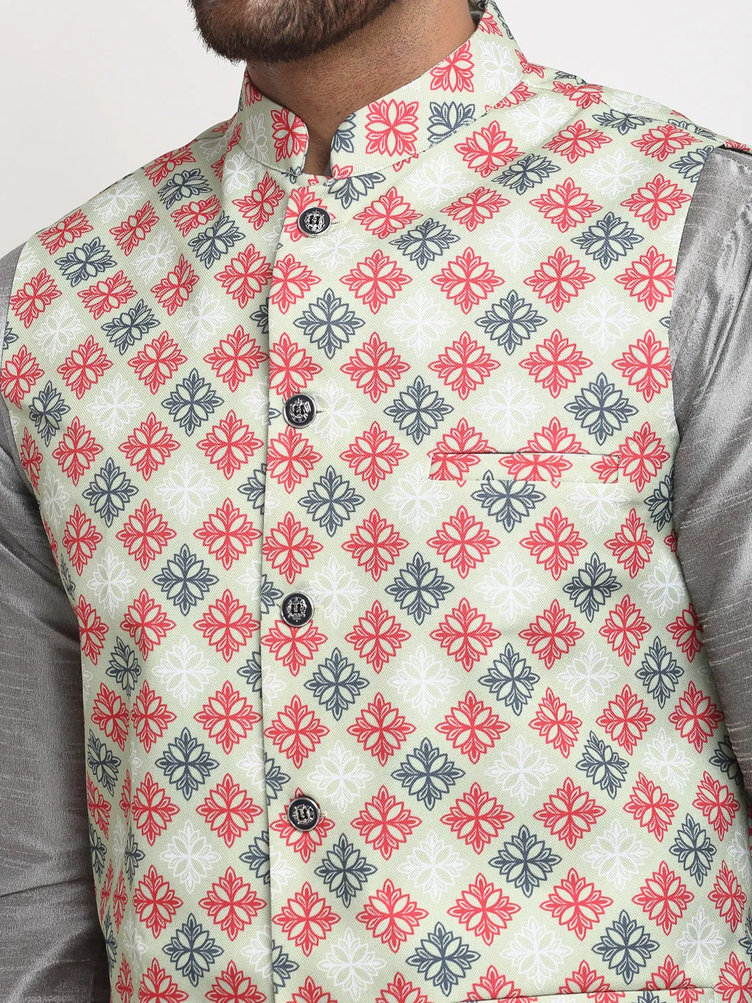 Men's Silk Blend Grey Kurta With Pyjama & Green Printed Nehru Jacket - Benstoke