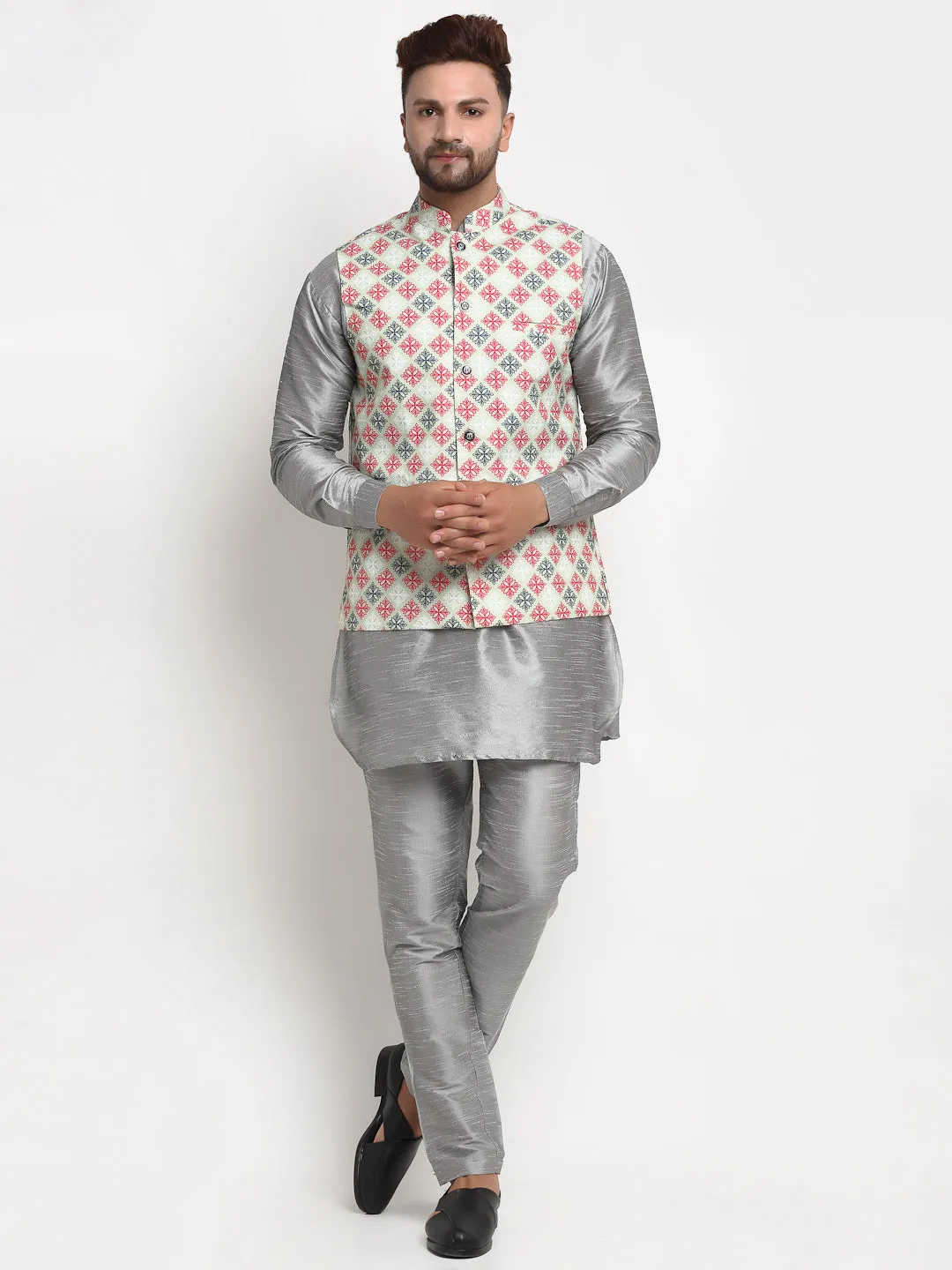 Men's Silk Blend Grey Kurta With Pyjama & Green Printed Nehru Jacket - Benstoke