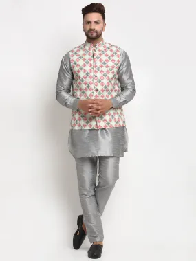 Men's Silk Blend Grey Kurta With Pyjama & Green Printed Nehru Jacket - Benstoke