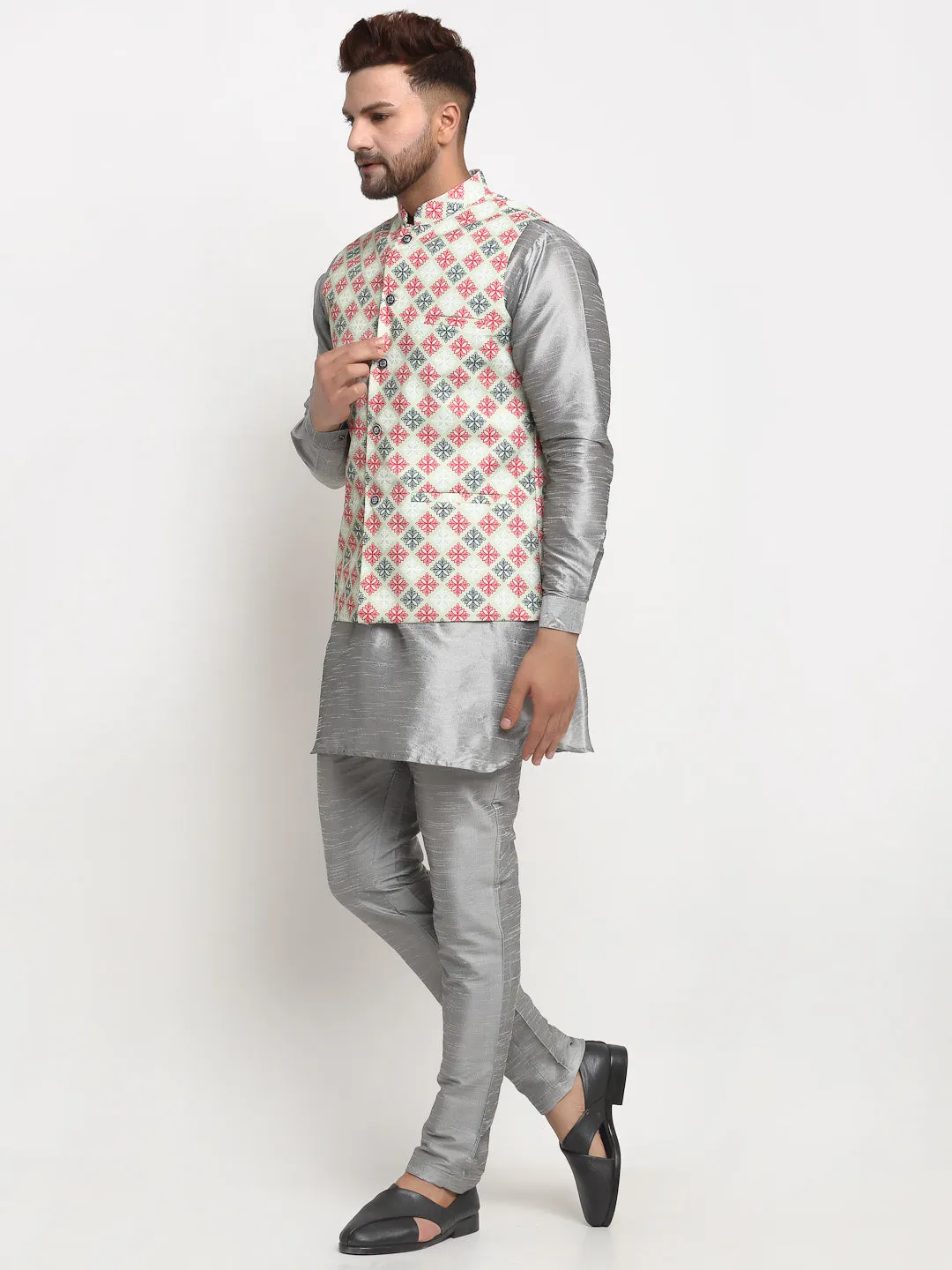 Men's Silk Blend Grey Kurta With Pyjama & Green Printed Nehru Jacket - Benstoke