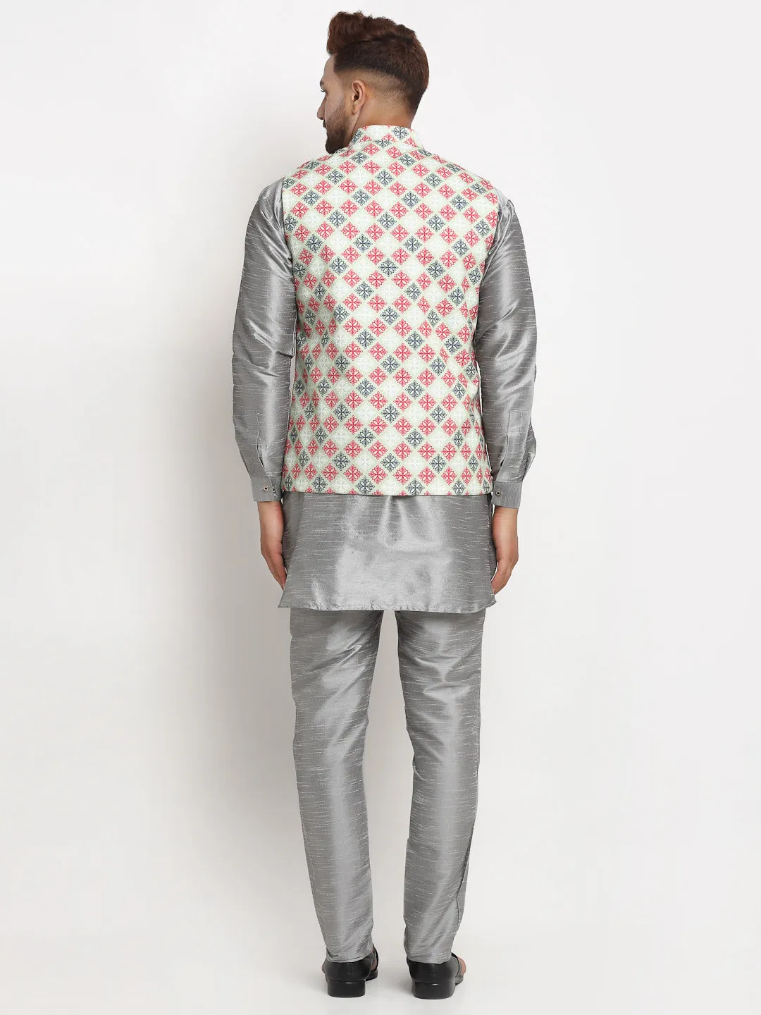 Men's Silk Blend Grey Kurta With Pyjama & Green Printed Nehru Jacket - Benstoke