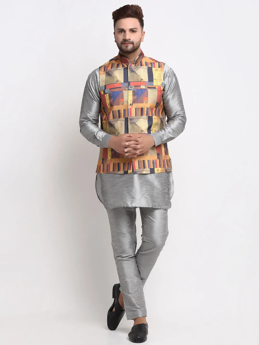 Men's Silk Blend Grey Kurta With Pyjama & Multicolor Printed Nehru Jacket - Benstoke