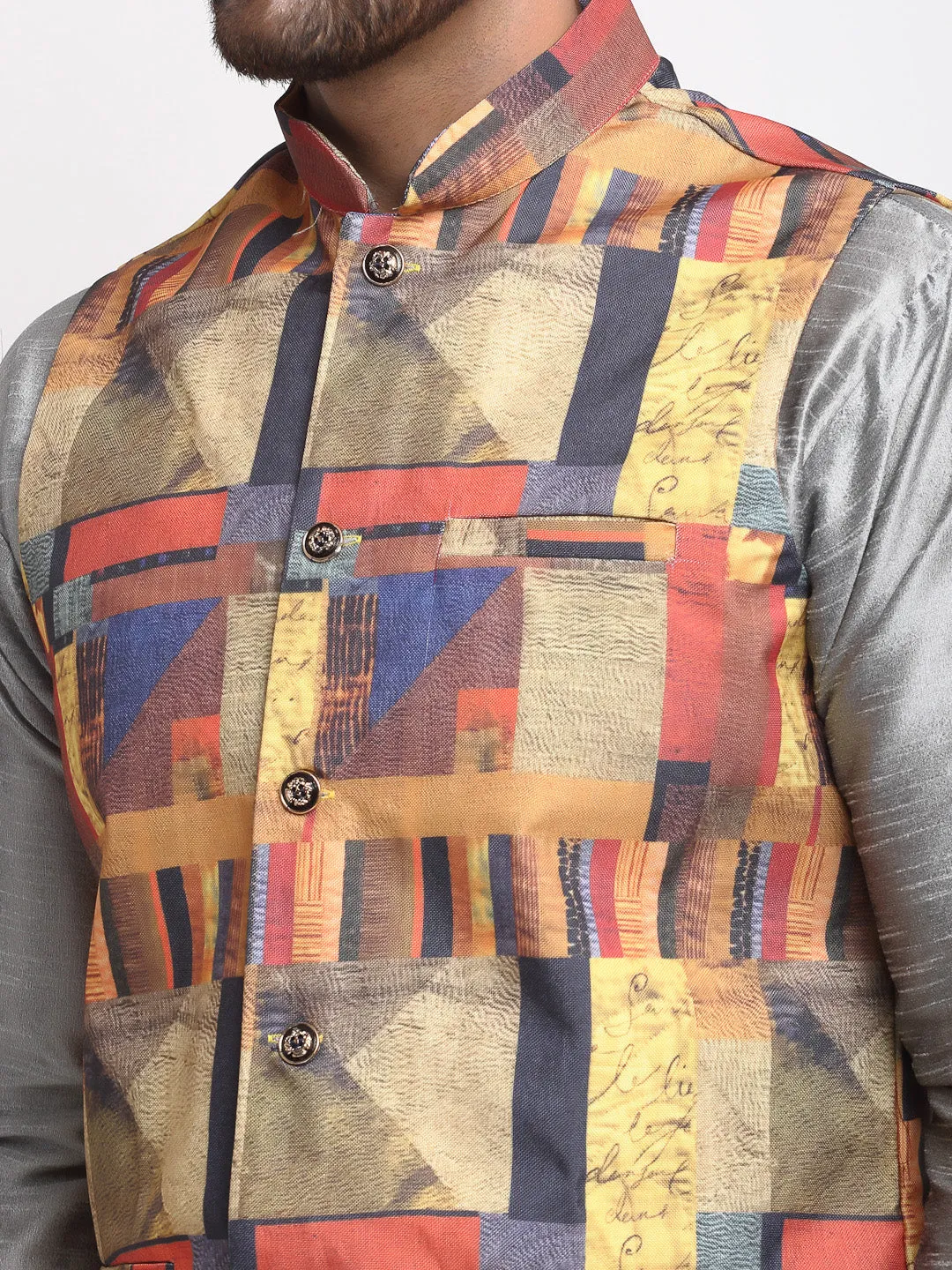 Men's Silk Blend Grey Kurta With Pyjama & Multicolor Printed Nehru Jacket - Benstoke