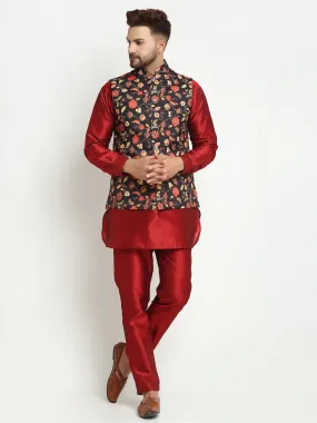 Men's Silk Blend Maroon Kurta With Pyjama & Black Printed Nehru Jacket - Benstoke