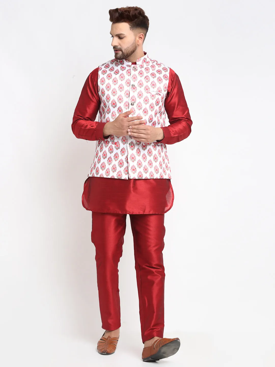 Men's Silk Blend Maroon Kurta With Pyjama & Cream Printed Nehru Jacket - Benstoke