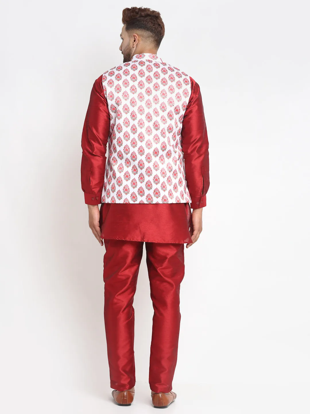 Men's Silk Blend Maroon Kurta With Pyjama & Cream Printed Nehru Jacket - Benstoke