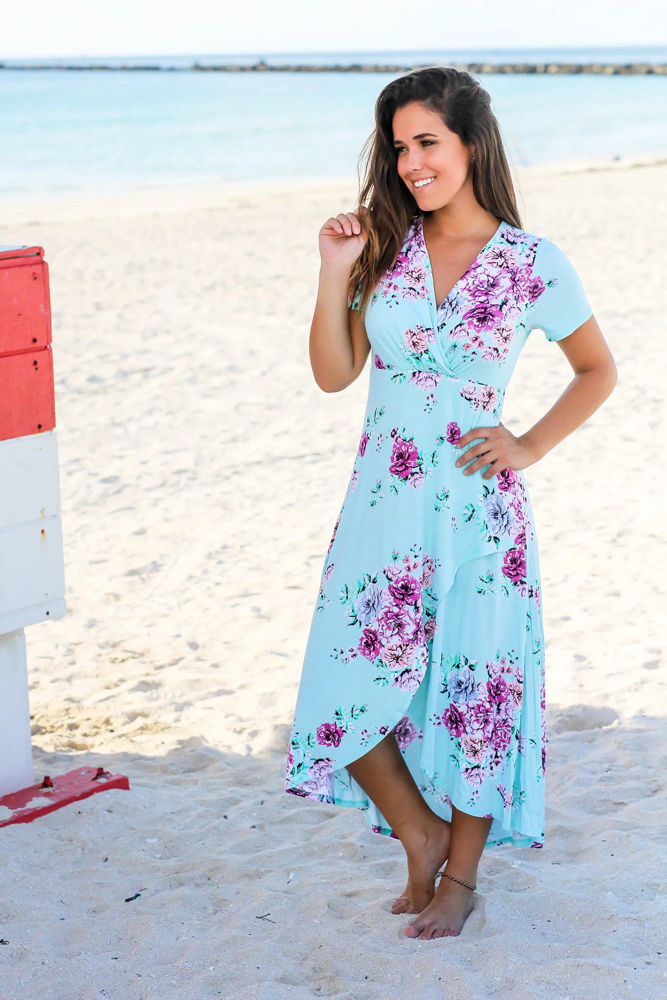 Mint Floral V-Neck Wrap Maxi Dress