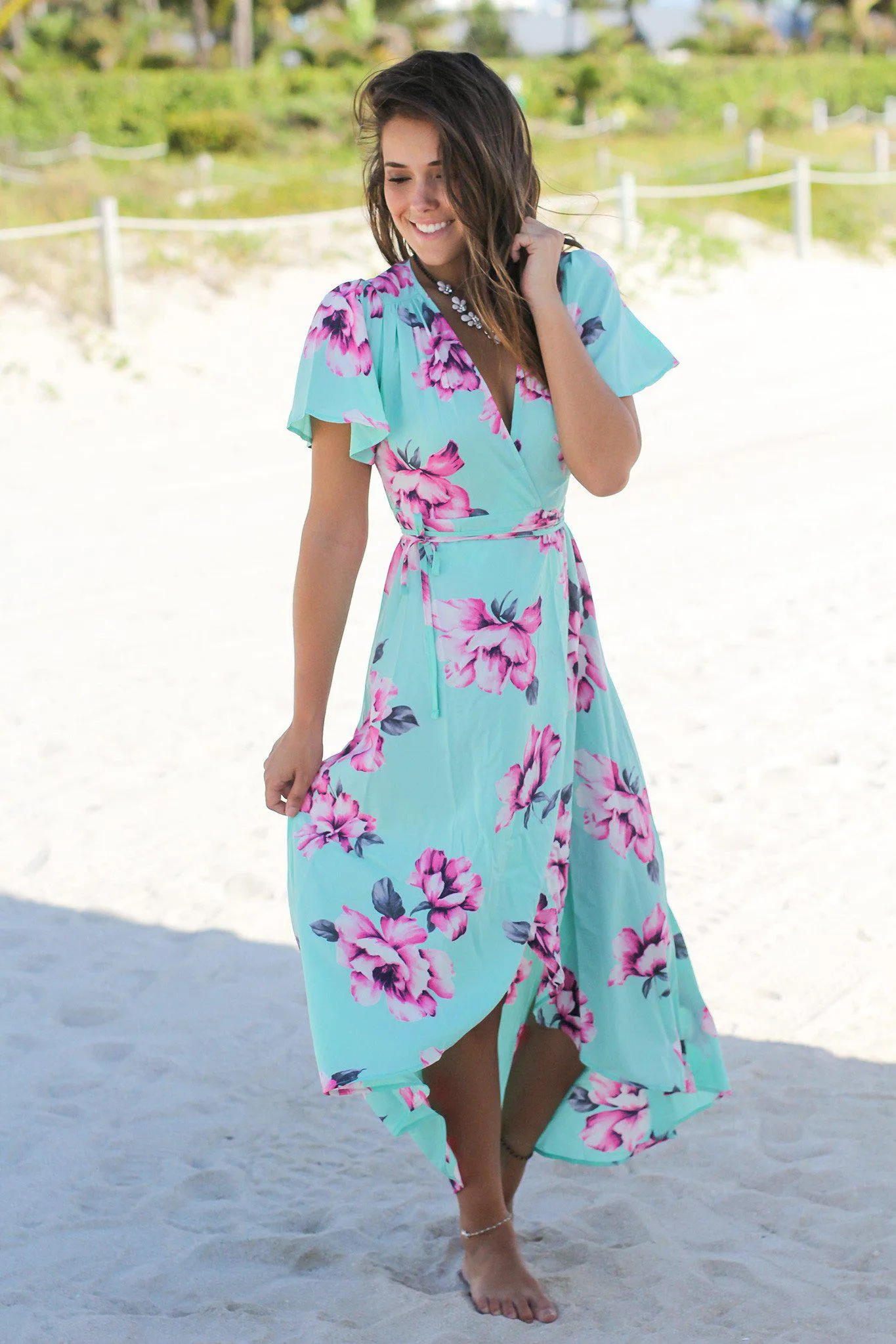 Mint Floral Wrap Maxi Dress