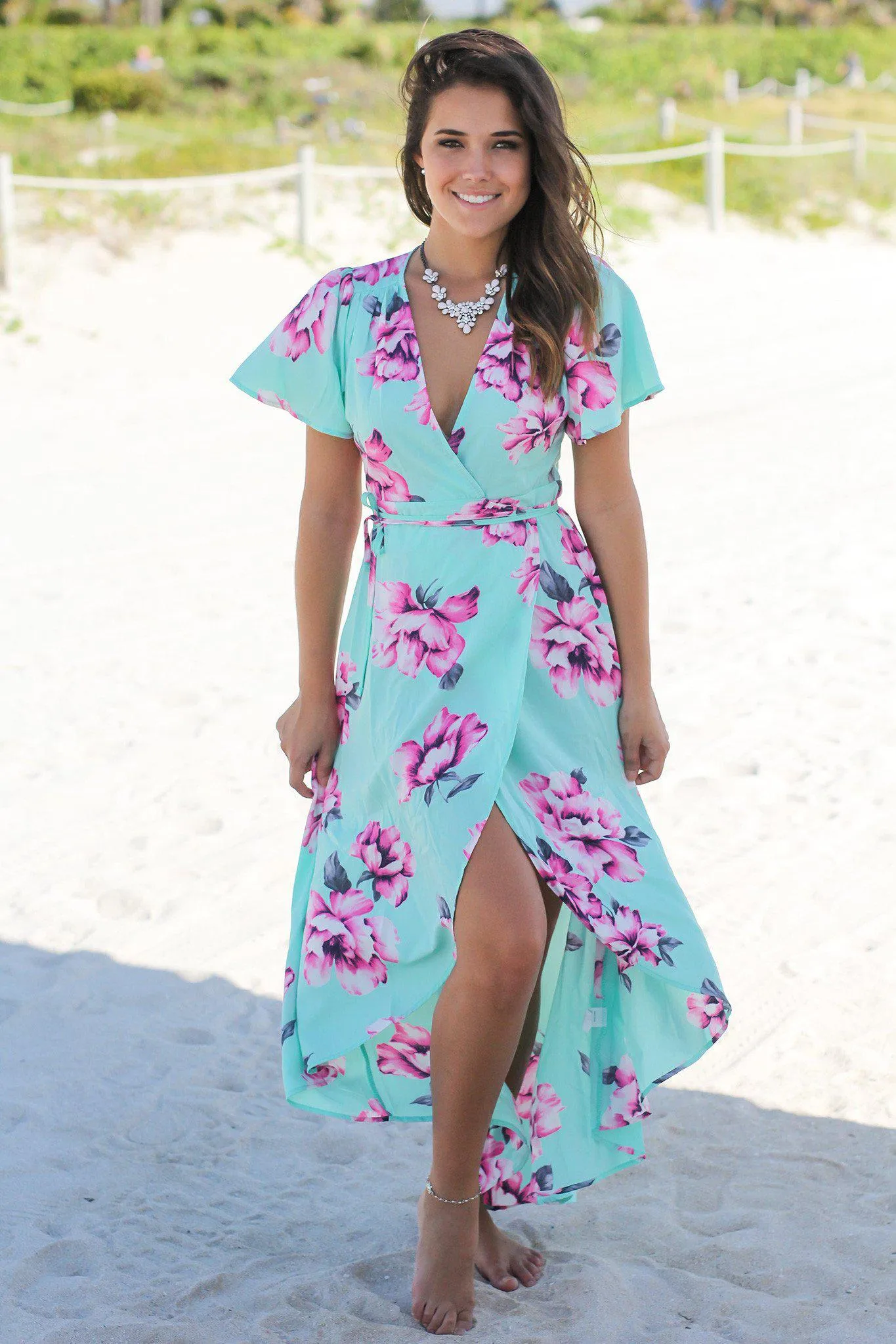 Mint Floral Wrap Maxi Dress