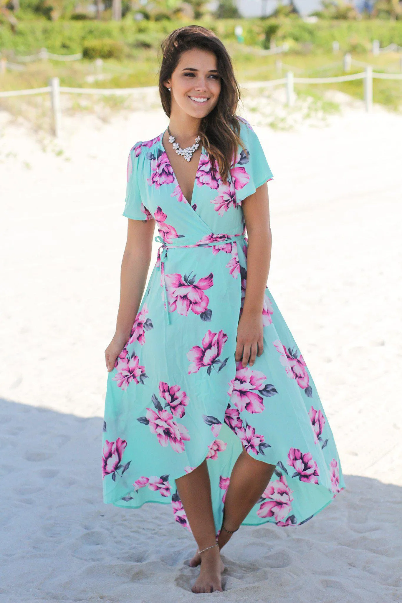 Mint Floral Wrap Maxi Dress