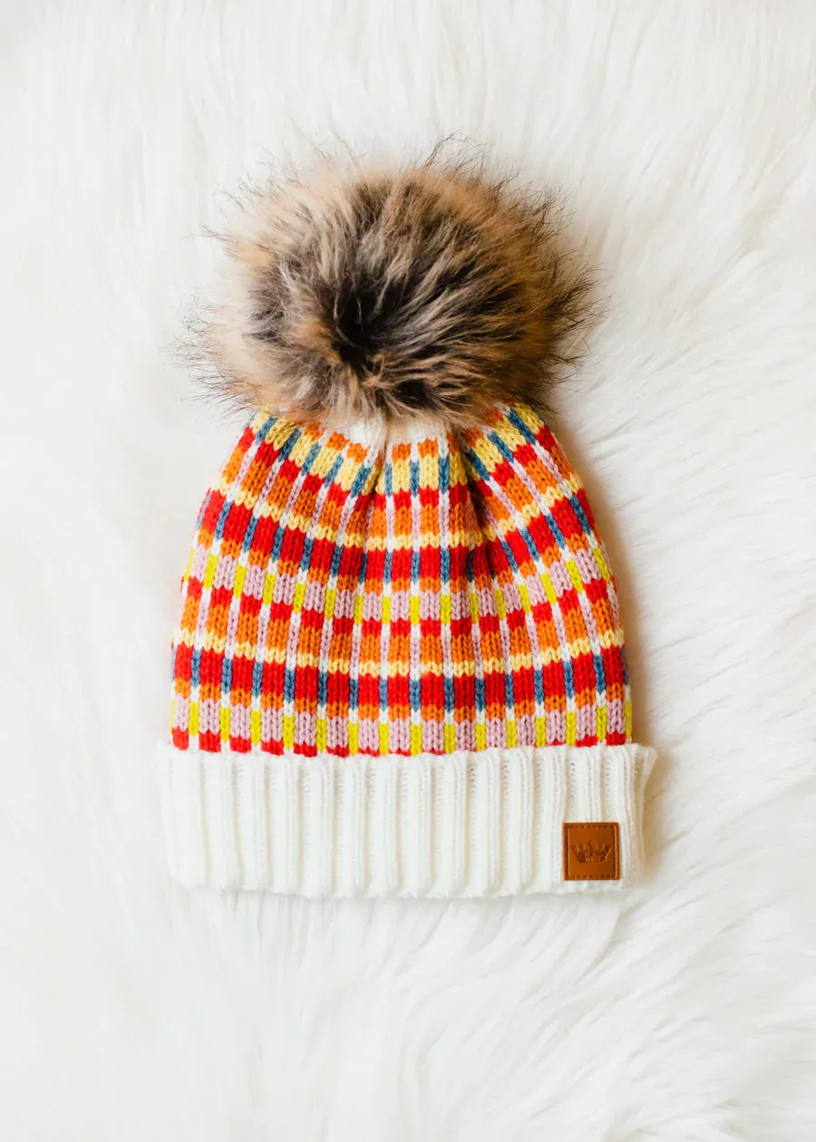 Multicolored Patterned Pom Hat