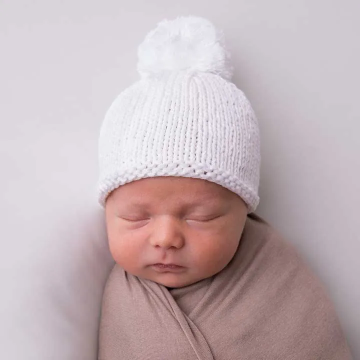 Newborn White Pom Pom Beanie Hat Infant