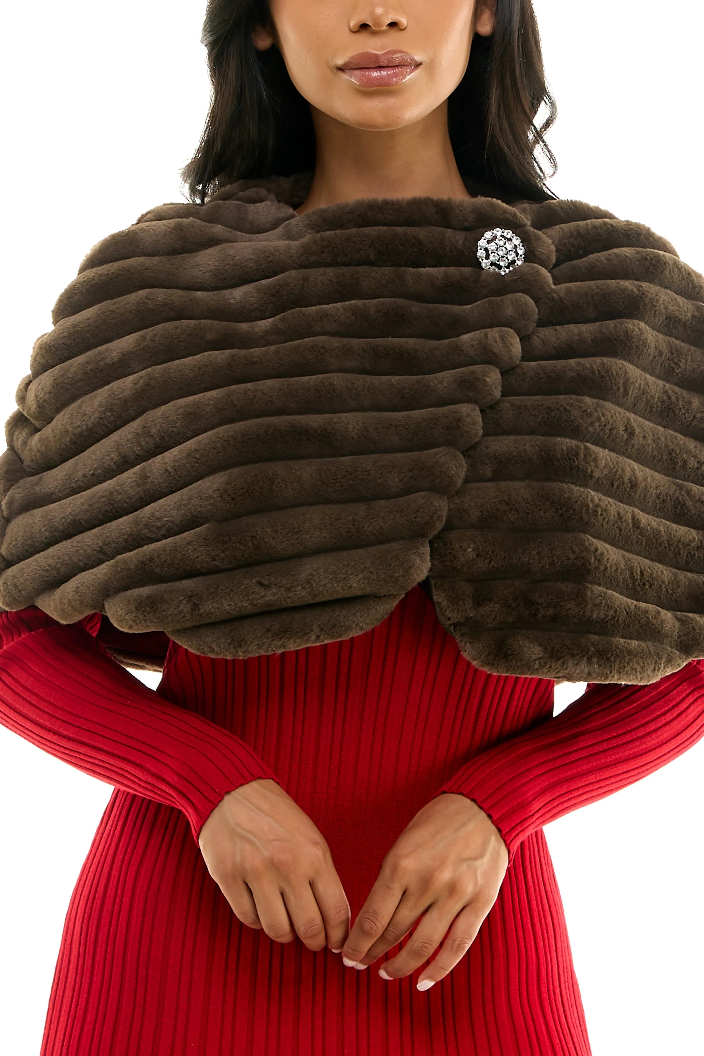 Nina Leonard Wrap Over Faux Fur Capelet And Crystal Closure ( Plus Size )