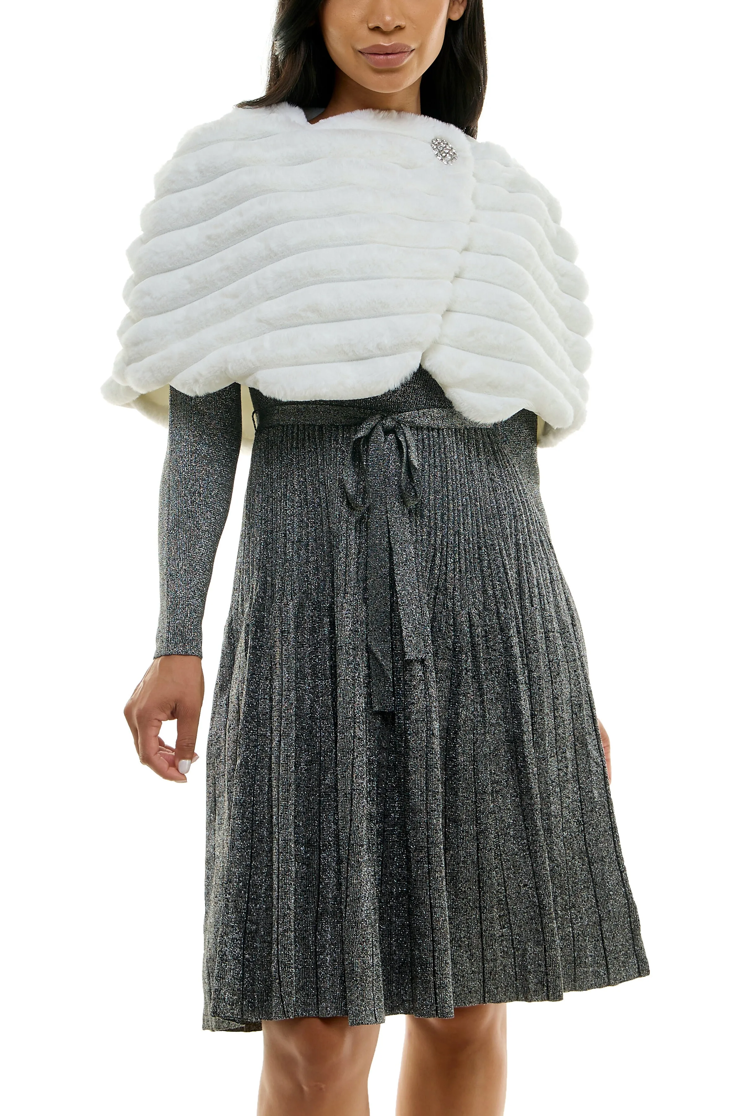 Nina Leonard Wrap Over Faux Fur Capelet And Crystal Closure ( Plus Size )