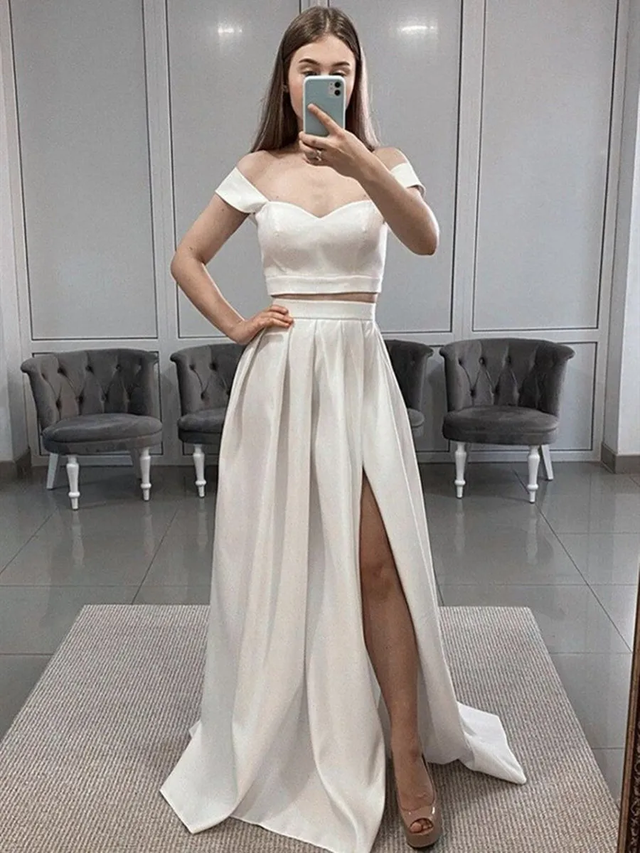 Off Shoulder 2 Pieces White Satin Long Prom, Two Pieces White Formal, Off the Shoulder White Evening