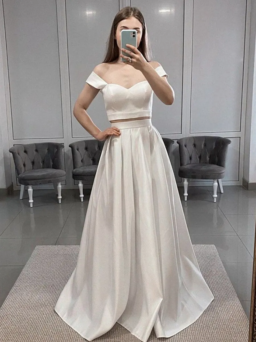 Off Shoulder 2 Pieces White Satin Long Prom, Two Pieces White Formal, Off the Shoulder White Evening