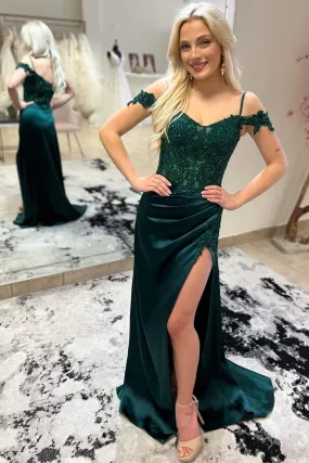 Off Shoulder Beaded Green Lace Long Prom Dress with Slit, Green Lace Formal Dress, Off the Shoulder Green Evening Dress A1989