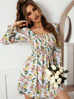 Off Shoulder or Square Neck Floral Printed Long Sleeves High Waist Boho Dress