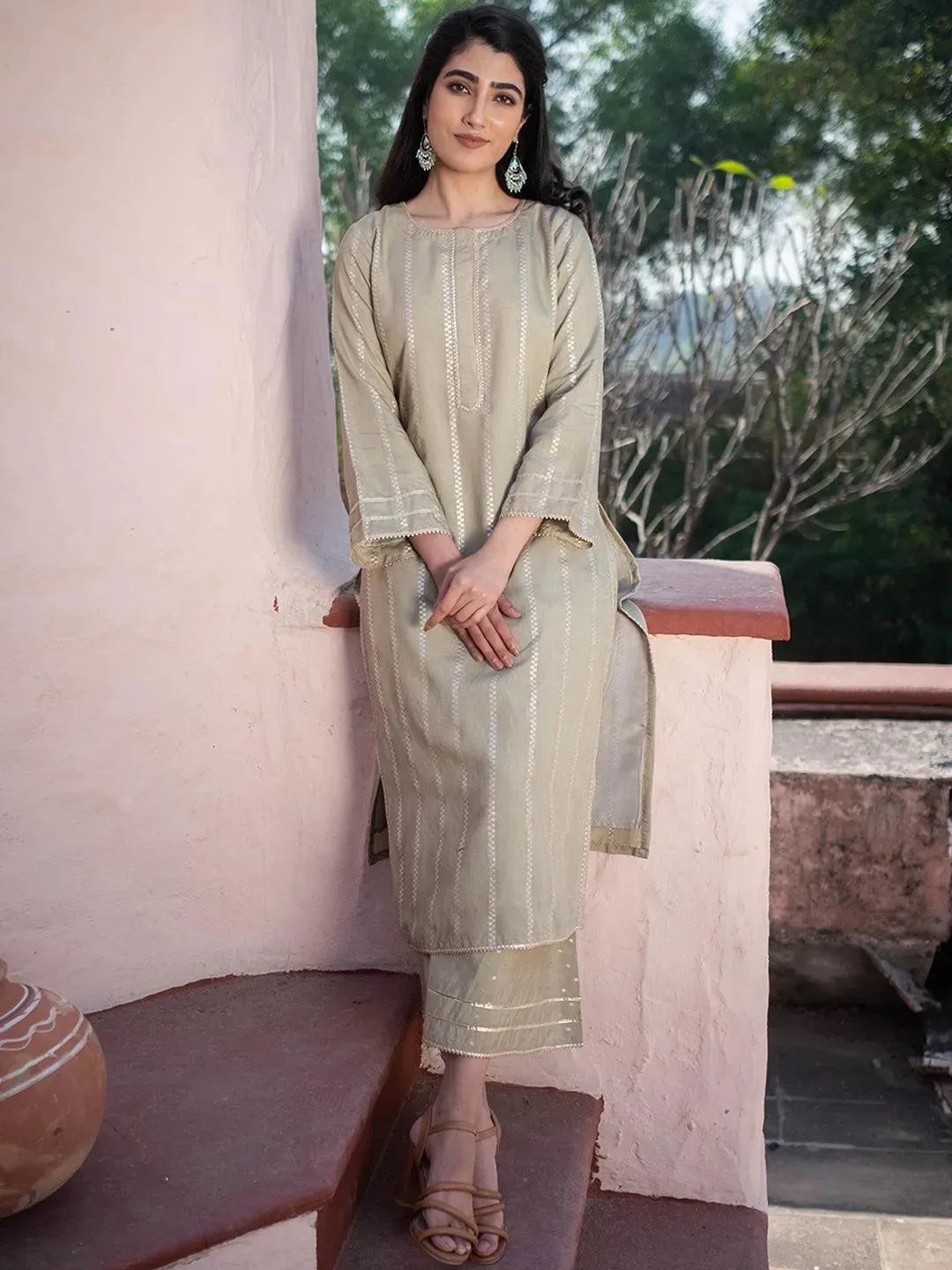 Olive Self Design Chanderi Silk Straight Kurta With Palazzos