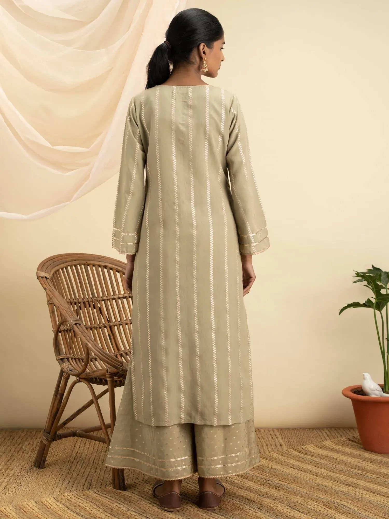 Olive Self Design Chanderi Silk Straight Kurta With Palazzos