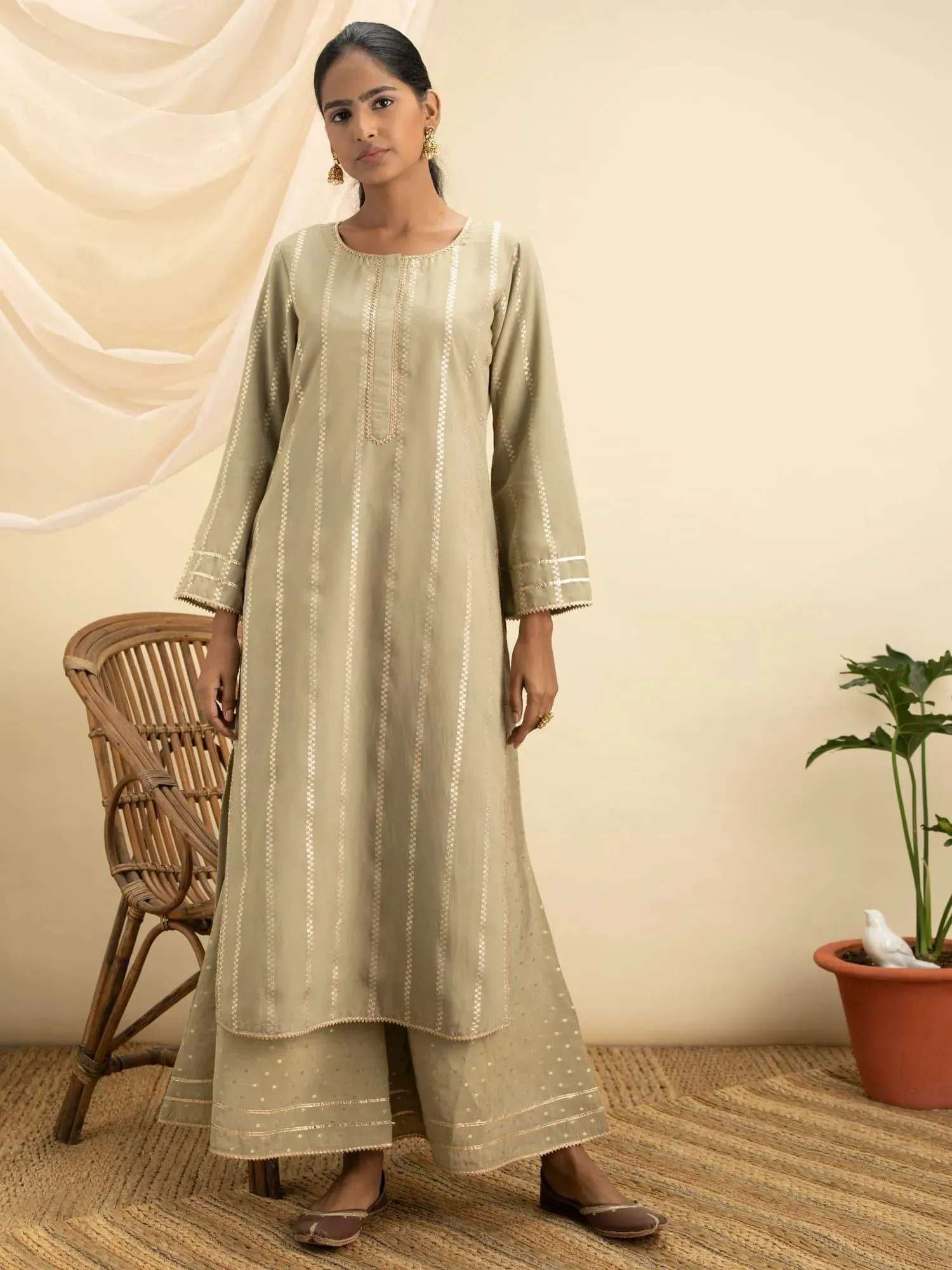 Olive Self Design Chanderi Silk Straight Kurta With Palazzos