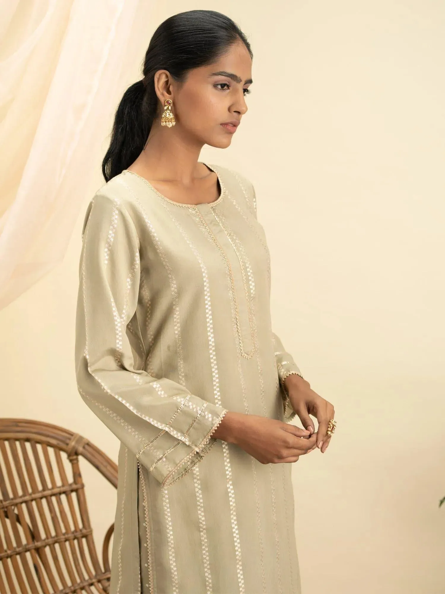 Olive Self Design Chanderi Silk Straight Kurta With Palazzos