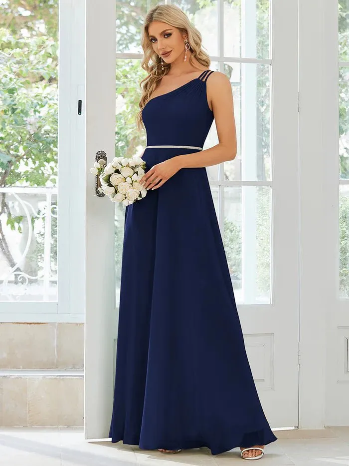 One Shoulder Beaded Chiffon Evening Dress