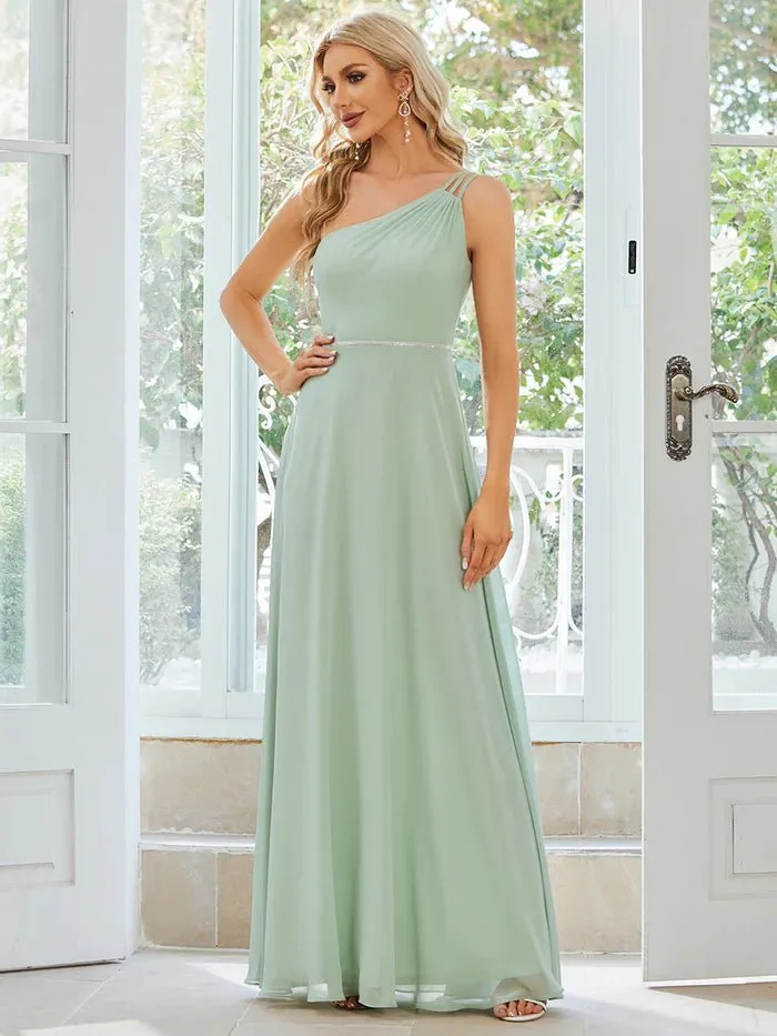 One Shoulder Beaded Chiffon Evening Dress