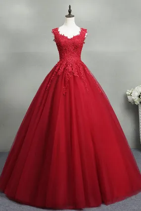 Open Back Red Lace Long Prom Dress, Red Lace Formal Evening Dress, Red Ball Gown A1753