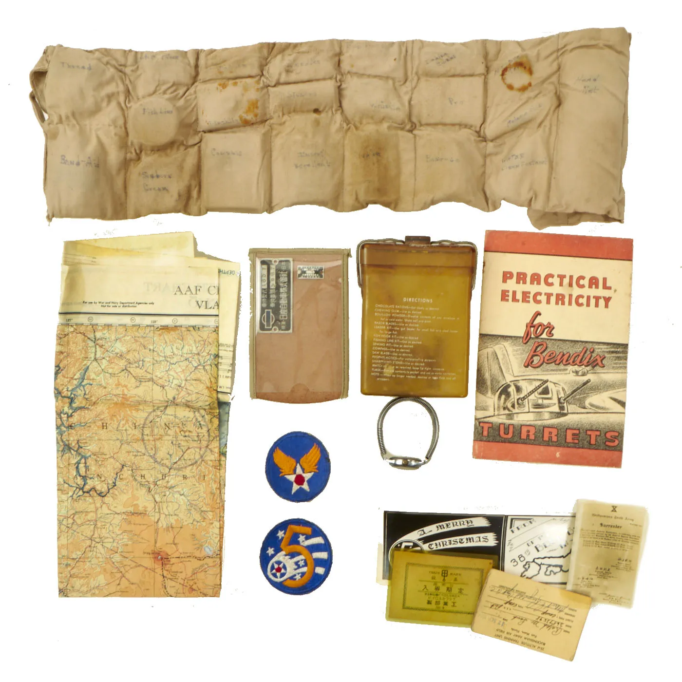 Original U.S. WWII 38th Bomb Group Named Homemade Pilot Survival Kit Grouping - Ralph M. Lamb