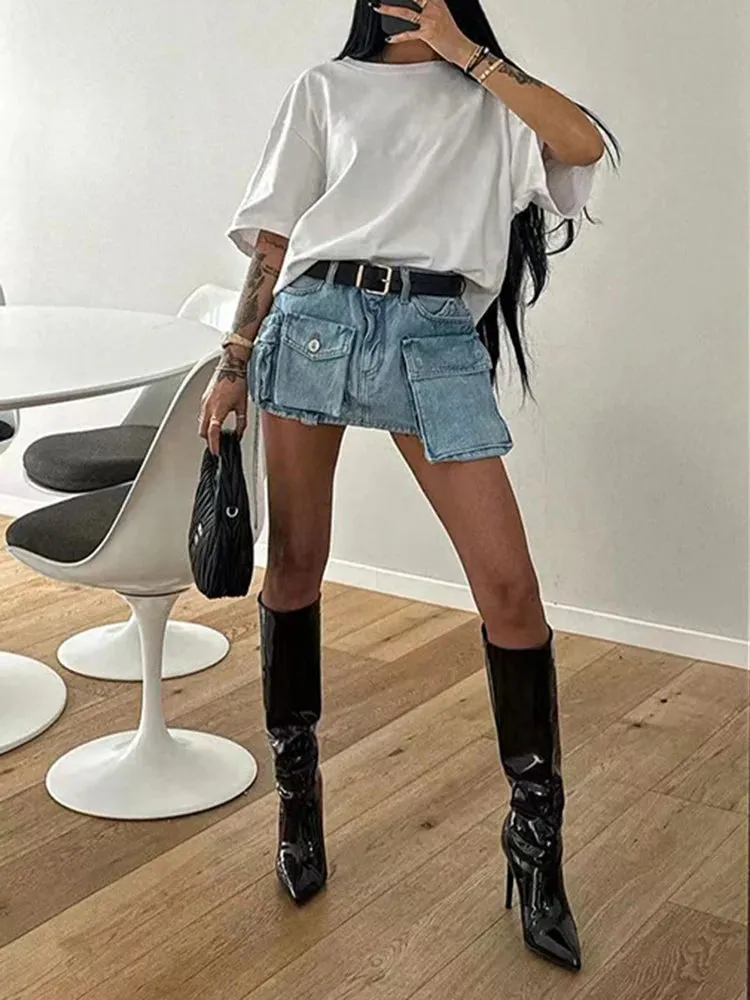 Patchwork Belt Skirts For Women High Waist Spliced Pocket Casual A Line Summer Solid Skirt Female Fashion