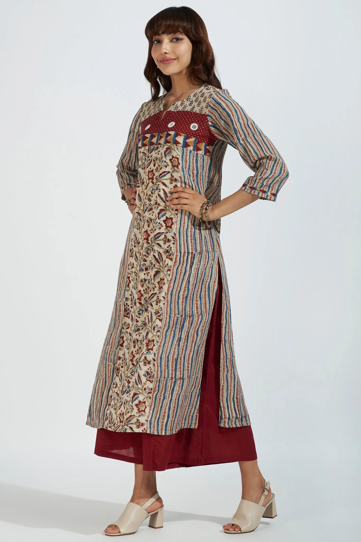 patchwork long kurta - enchanted alabaster & garnet glow