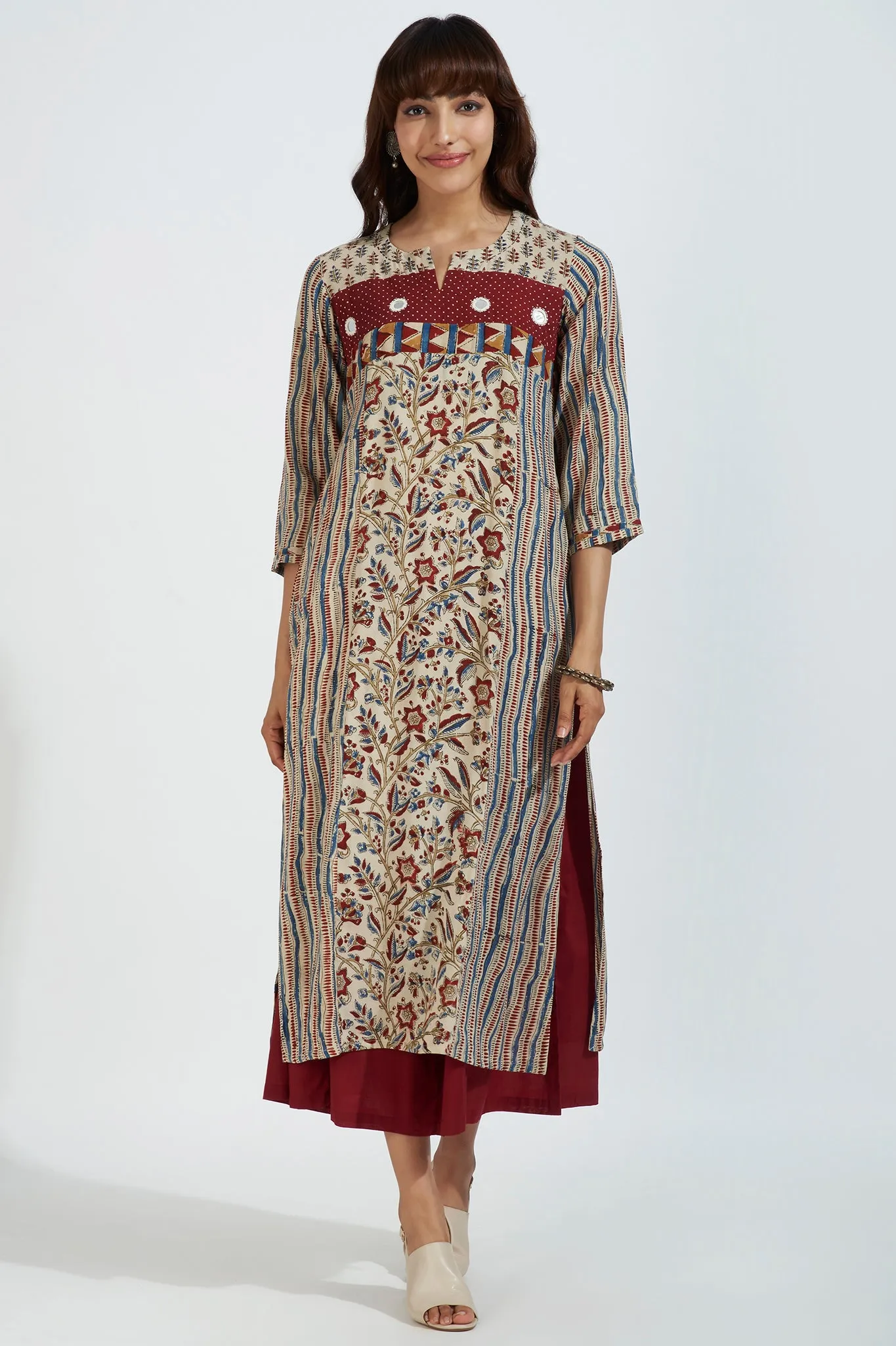 patchwork long kurta - enchanted alabaster & garnet glow