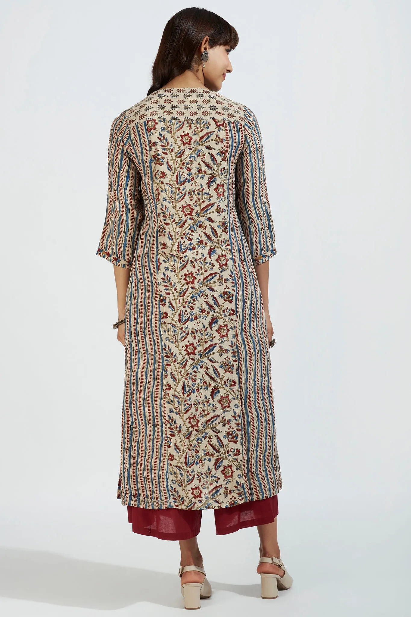 patchwork long kurta - enchanted alabaster & garnet glow