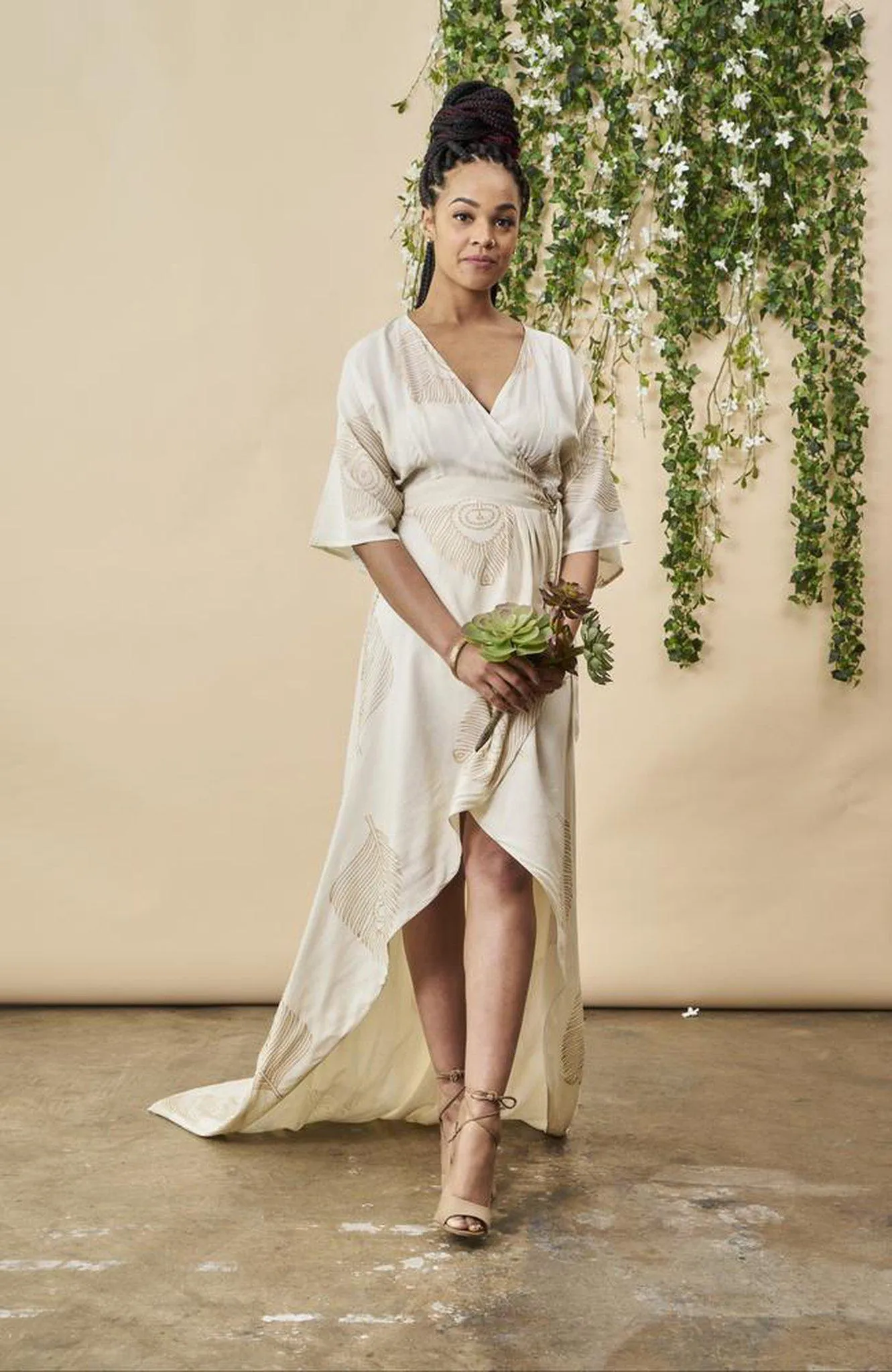 Peacock Feather Maxi Wrap Dress W/ Train in Cream   Gold