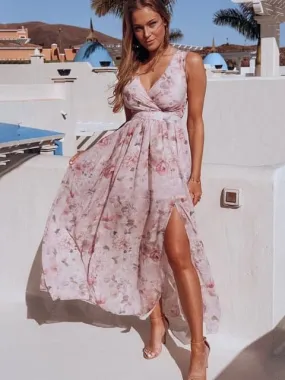 Pink Elegant Ladies Floral Print Maxi Dress (Pink Maxi Dresses)