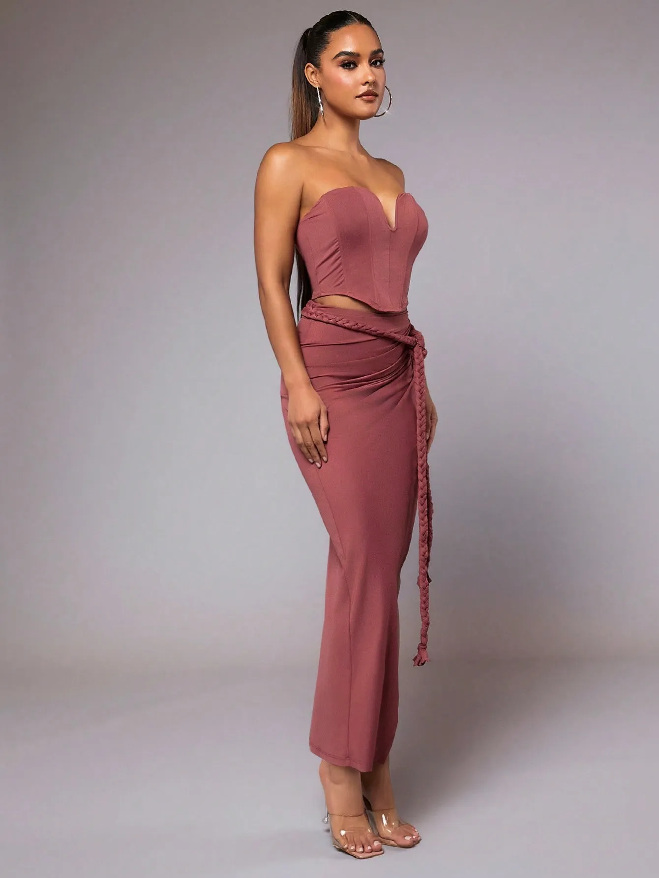 Pink Strapless Off-Shoulder Sexy Top And Twist Straps Draped Long Skirt Elegant Women Two-Piece Set