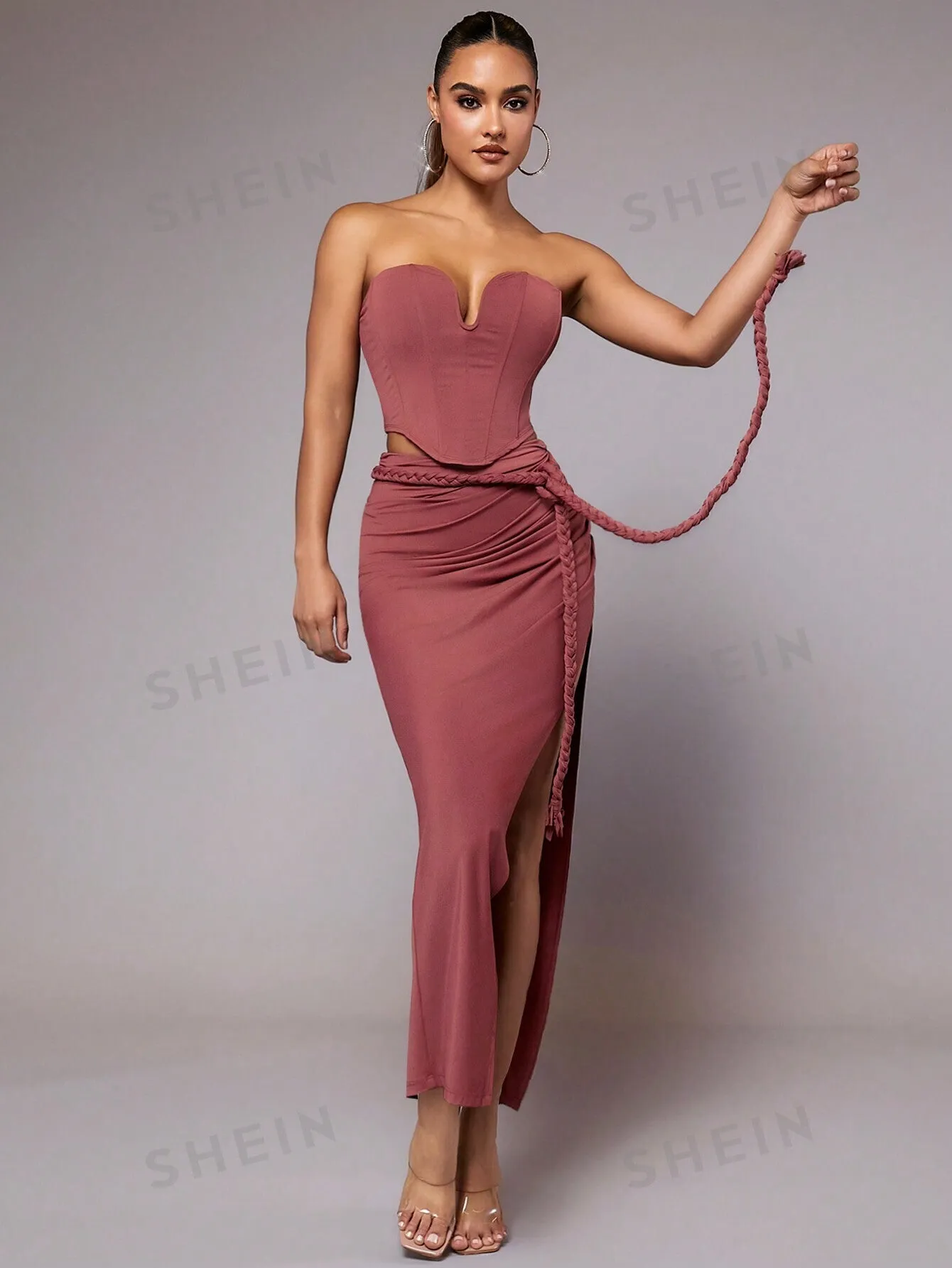 Pink Strapless Off-Shoulder Sexy Top And Twist Straps Draped Long Skirt Elegant Women Two-Piece Set