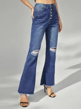 Plain Button Front Ripped Flare Leg Jeans