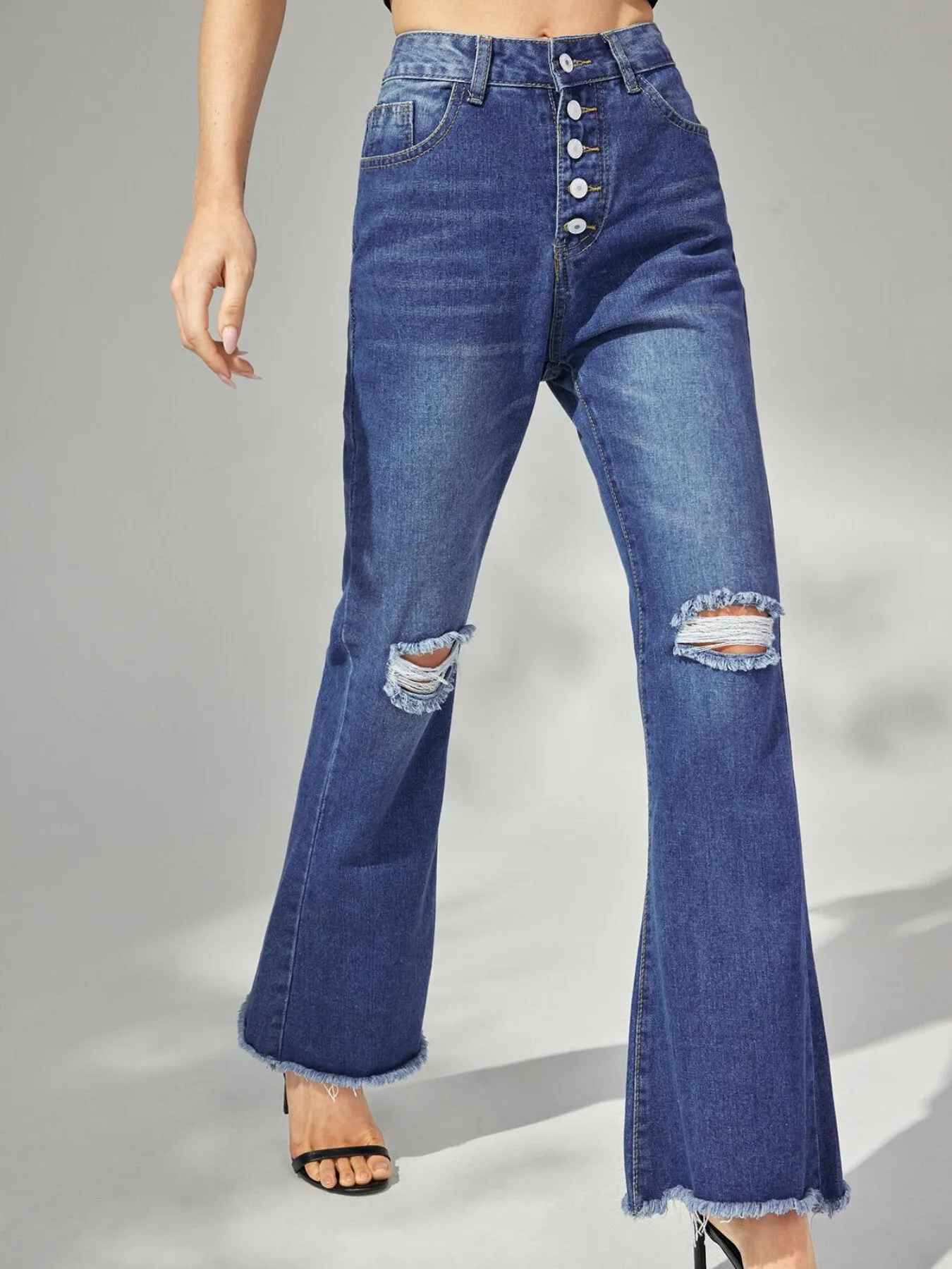 Plain Button Front Ripped Flare Leg Jeans