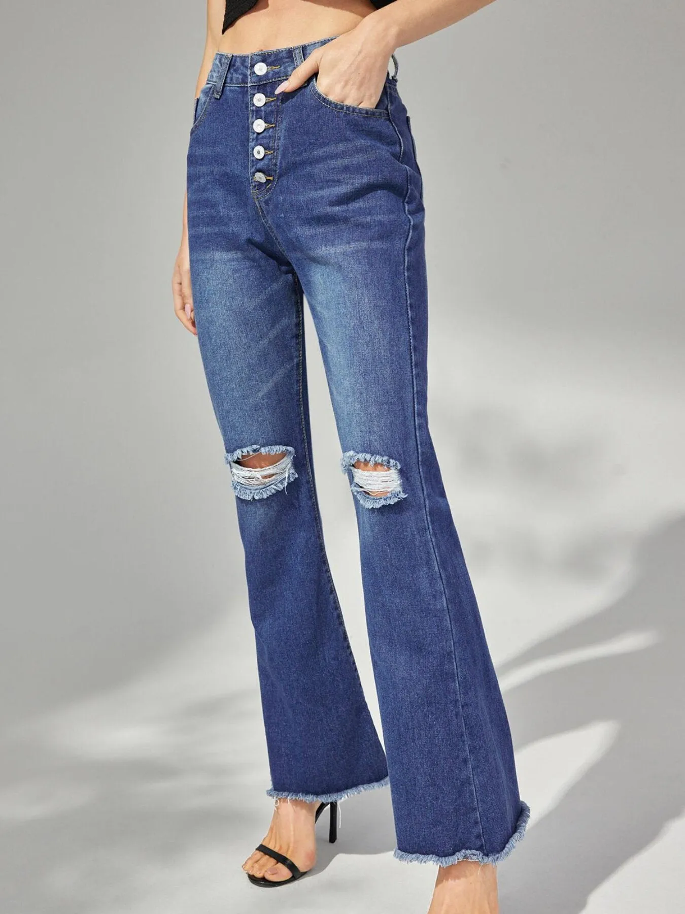 Plain Button Front Ripped Flare Leg Jeans