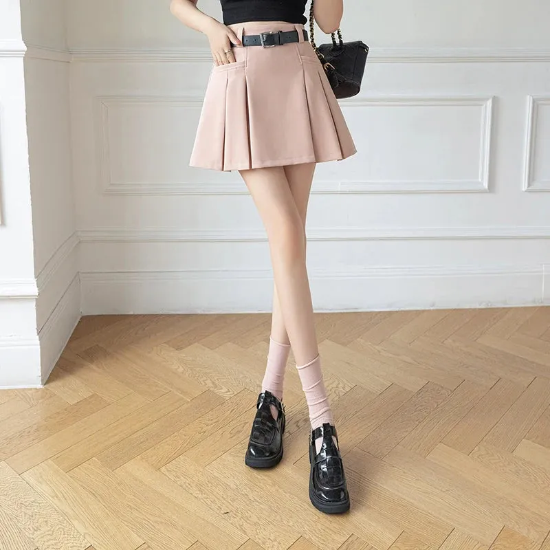 Pleated High Waist A-line Suit Skirt New Belt Solid Color Simple Casual Women Skirts Pink Black Fashion Female Mini Skirt