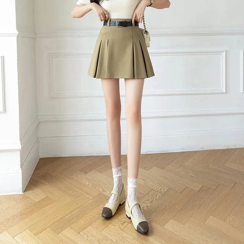 Pleated High Waist A-line Suit Skirt New Belt Solid Color Simple Casual Women Skirts Pink Black Fashion Female Mini Skirt