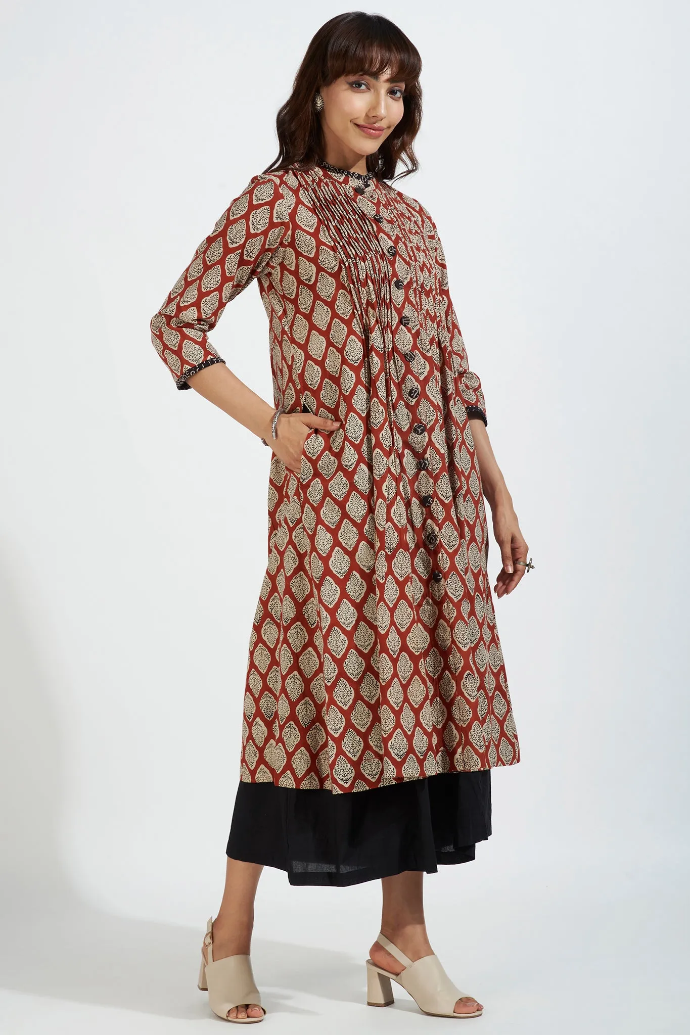 pleated neck pintuck dress - rusty red & mughal charm