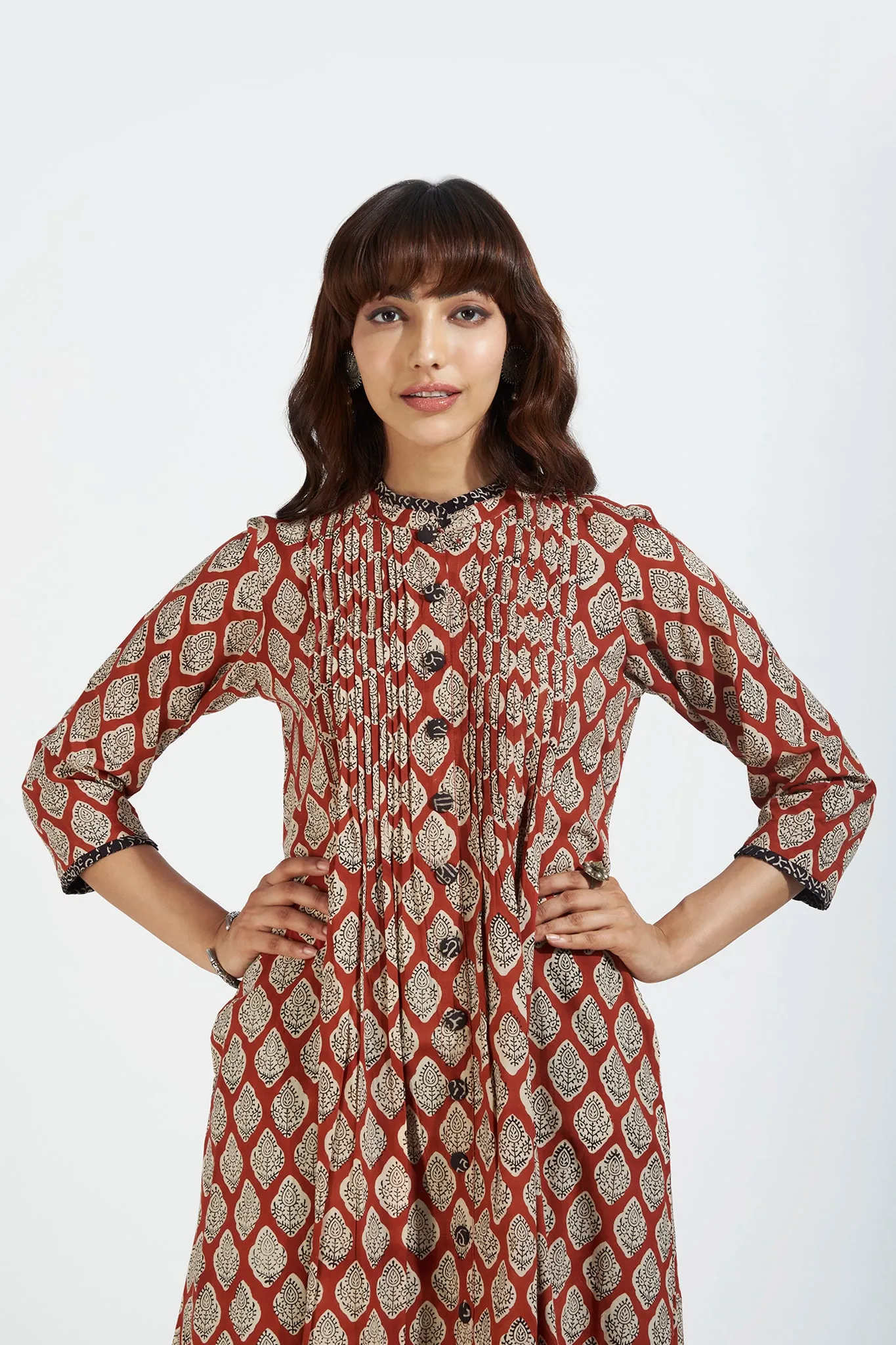 pleated neck pintuck dress - rusty red & mughal charm