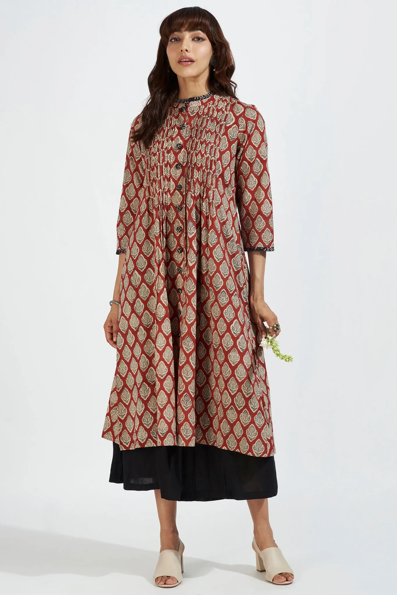 pleated neck pintuck dress - rusty red & mughal charm