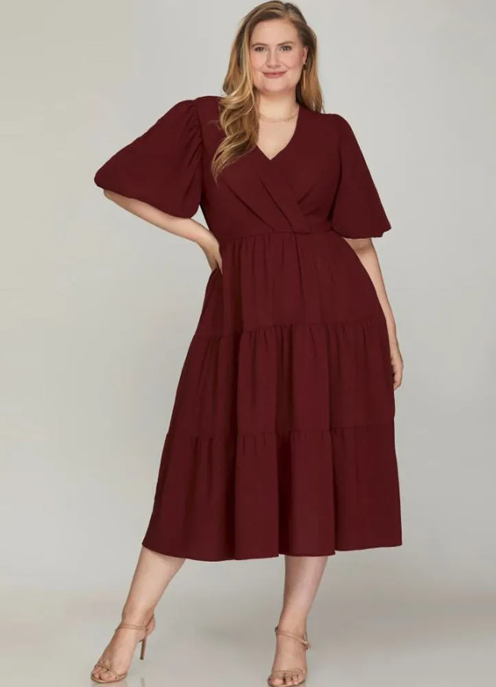 Plus Balloon Sleeve Wrap Dress in Wine by She Sky