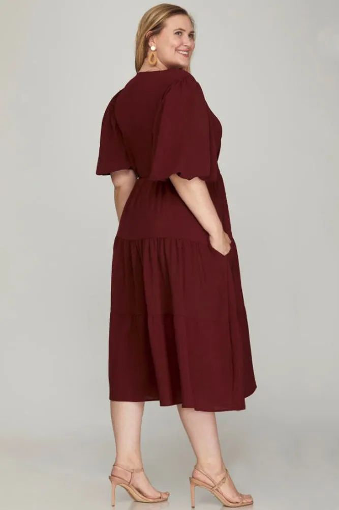 Plus Balloon Sleeve Wrap Dress in Wine by She Sky