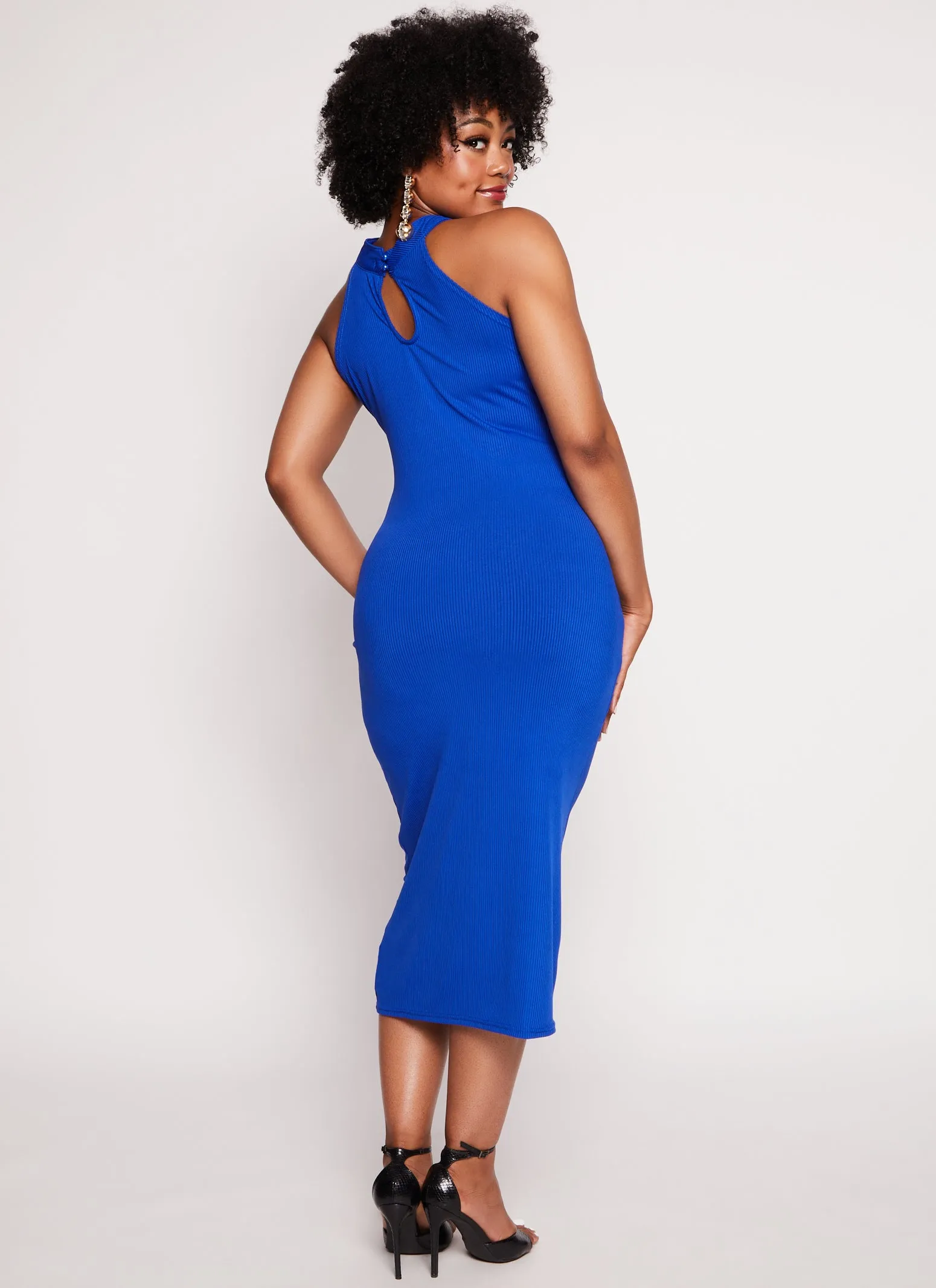 Plus Size Ribbed Knit Halter Neck Midi Dress