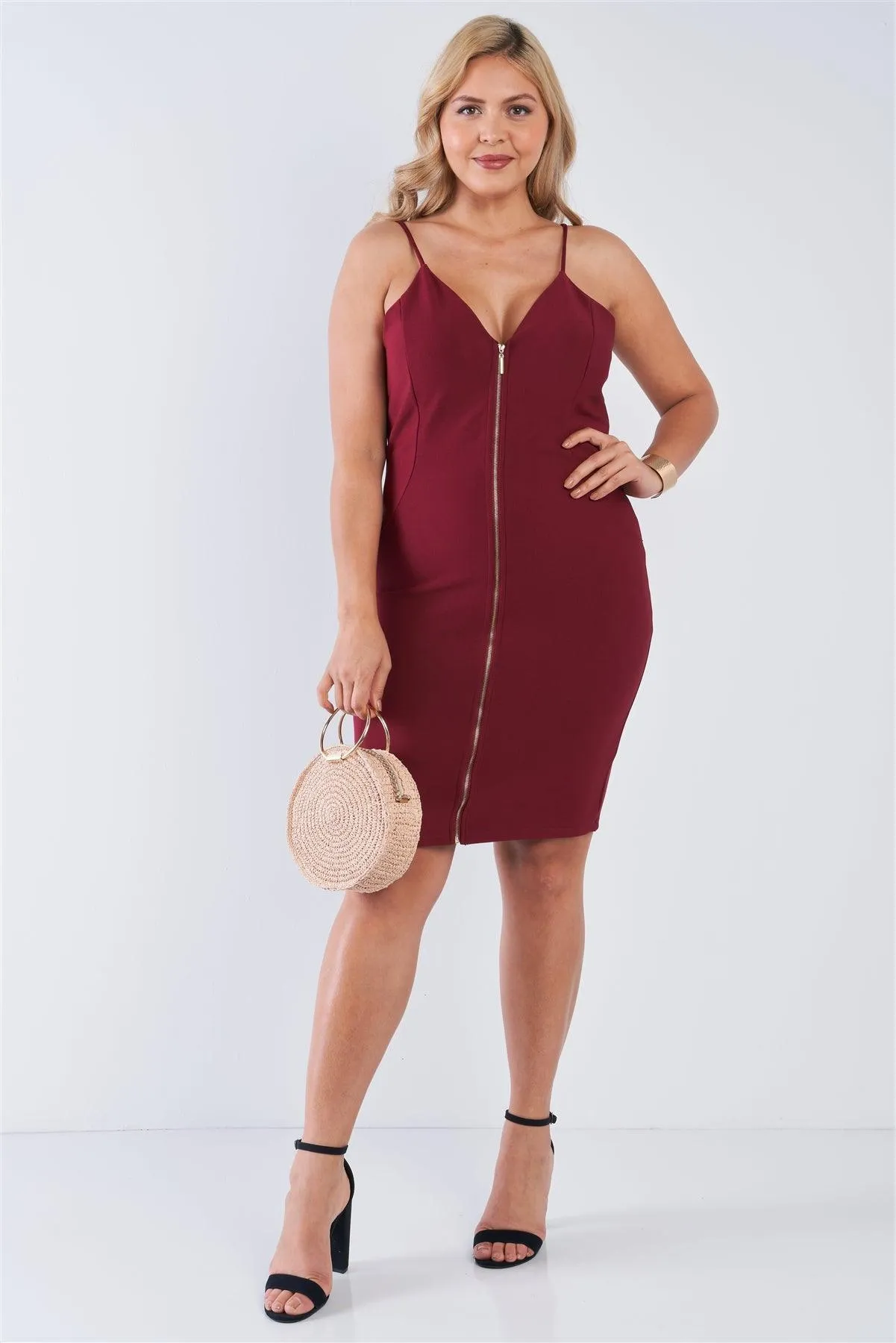 Plus Size V-Neck Zip Up Bodycon Mini Dress